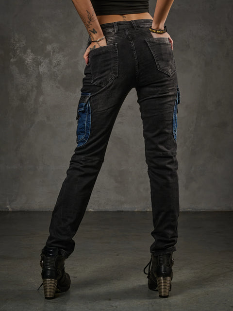WD521 Contrast Colored Women's Jean Trousers with Cargo Pockets