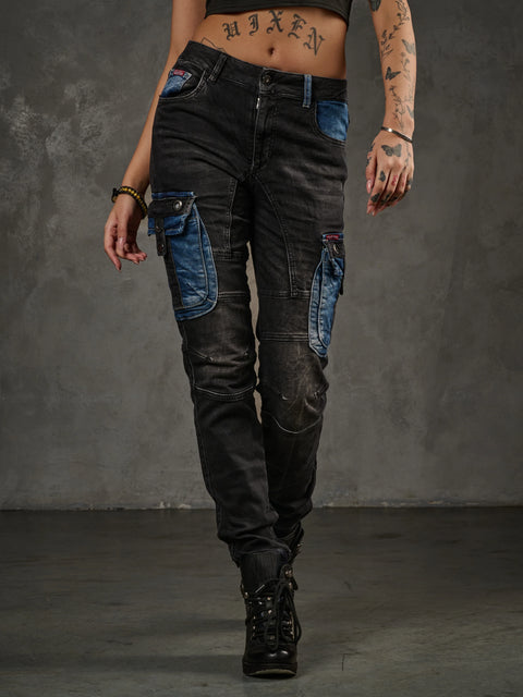 WD521 Contrast Colored Women's Jean Trousers with Cargo Pockets
