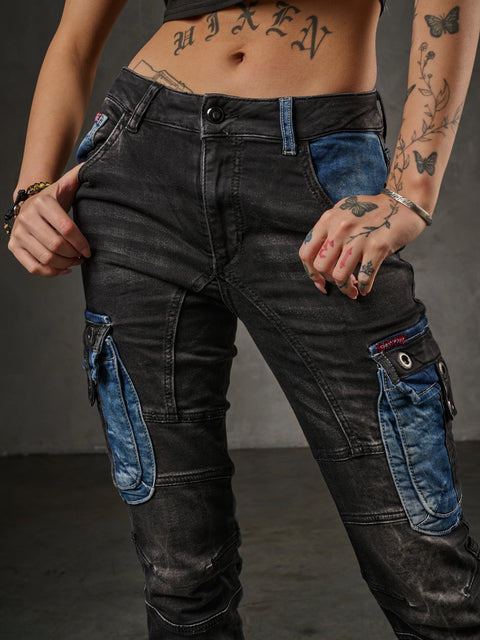 WD521 Contrast Colored Women's Jean Trousers with Cargo Pockets