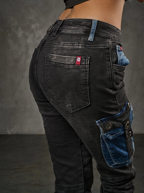 WD521 Contrast Colored Women's Jean Trousers with Cargo Pockets