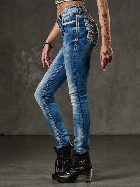 WD343 Women's Skinny Jeans with Embroidery on the Back Pockets