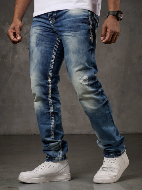 CD149 Decorative Stitched Casual Cut Men's Jean Trousers