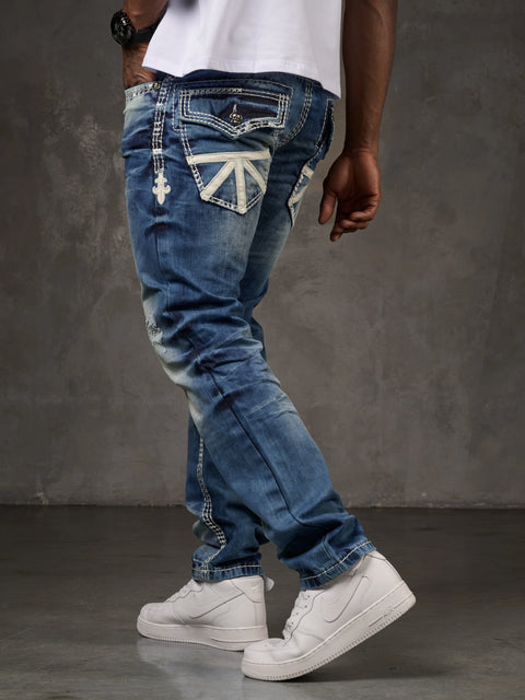 CD149 Decorative Stitched Casual Cut Men's Jean Trousers