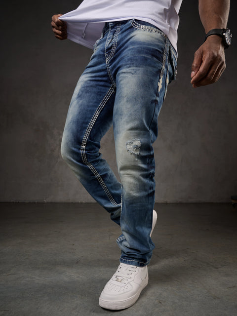 CD149 Decorative Stitched Casual Cut Men's Jean Trousers