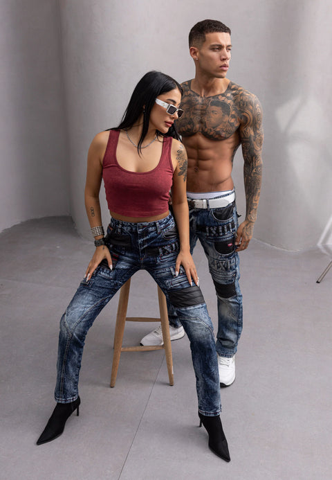WD545 Women’s Slim Fit Jeans with Biker Details and Statement Appliqués