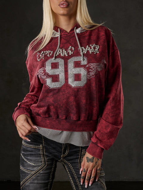 WL207 Women's Stoned Hooded Tulle Detailed Sweatshirt
