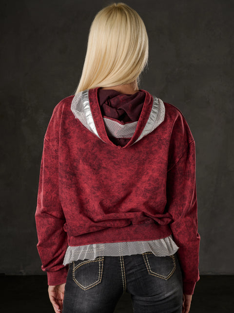 WL207 Women's Stoned Hooded Tulle Detailed Sweatshirt
