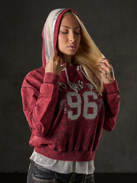 WL207 Women's Stoned Hooded Tulle Detailed Sweatshirt