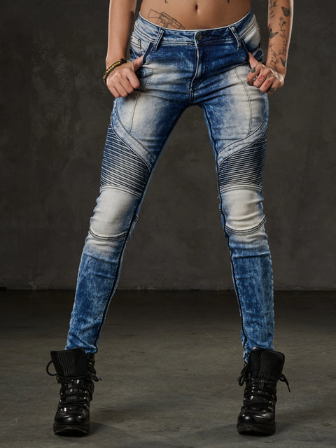 WD361 Decorative Stitched Washed Fabric Jean Trousers