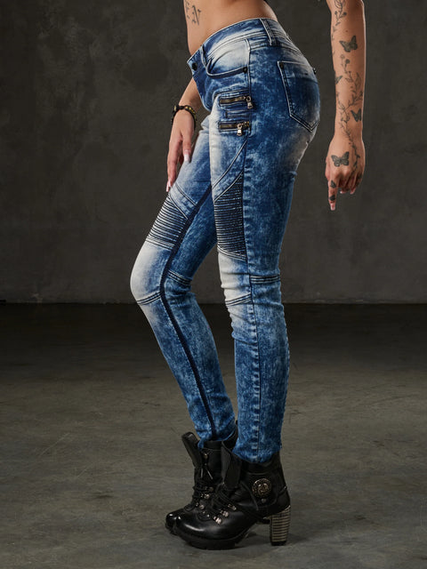 WD361 Decorative Stitched Washed Fabric Jean Trousers