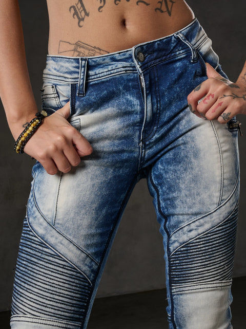 WD361 Decorative Stitched Washed Fabric Jean Trousers