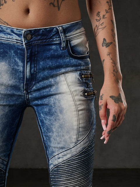 WD361 Decorative Stitched Washed Fabric Jean Trousers
