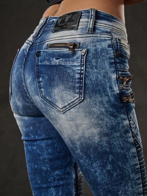 WD361 Decorative Stitched Washed Fabric Jean Trousers