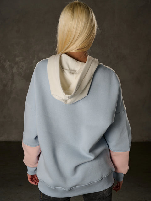 WL376 Women’s Hoodie Sweatshirt – Colorblock Design, “Visual Act” Front Print, Soft Cotton Blend