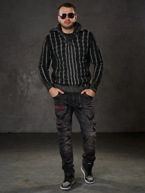 CP214 Plush Hooded Collar Knitted Pattern Thick Sweater