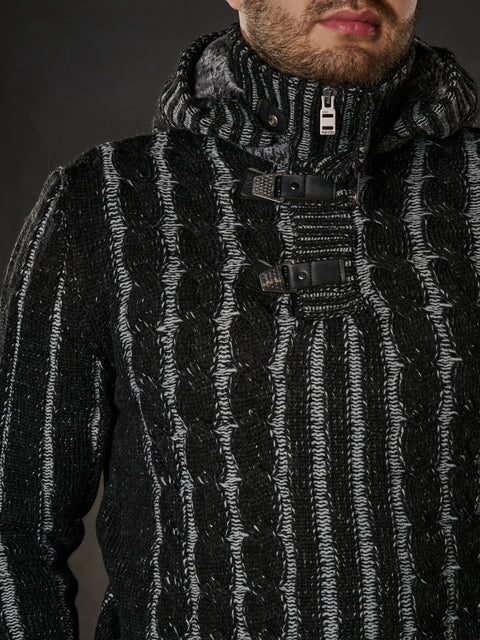 CP214 Plush Hooded Collar Knitted Pattern Thick Sweater