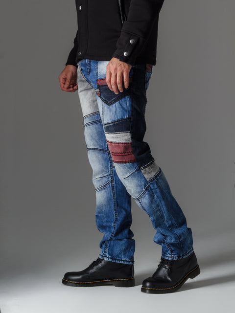 CD574 Embroidered Piece Colored Patchwork Regular Cut Jeans