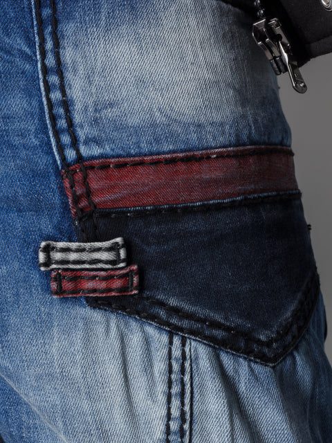 CD574 Embroidered Piece Colored Patchwork Regular Cut Jeans