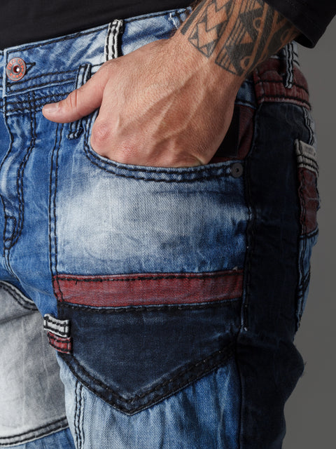 CD574 Embroidered Piece Colored Patchwork Regular Cut Jeans