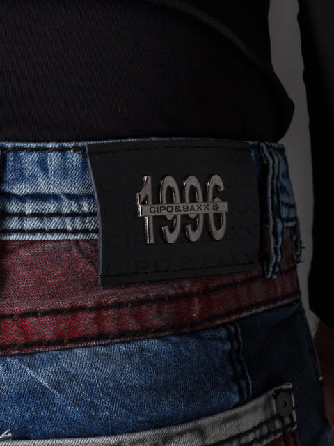 CD574 Embroidered Piece Colored Patchwork Regular Cut Jeans