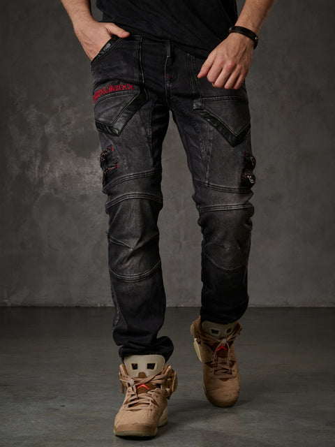 CD795 Biker Style Leather Detailed Men's Jean Trousers