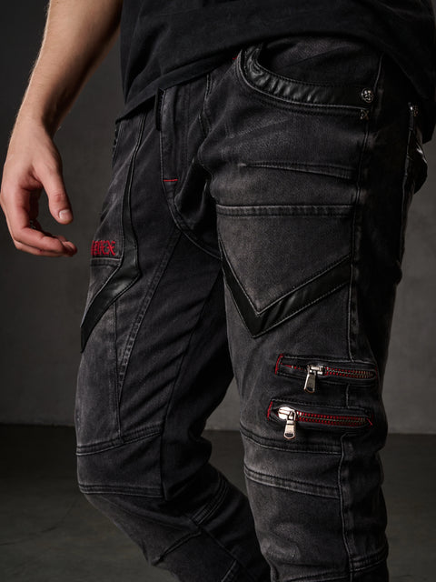 CD795 Biker Style Leather Detailed Men's Jean Trousers