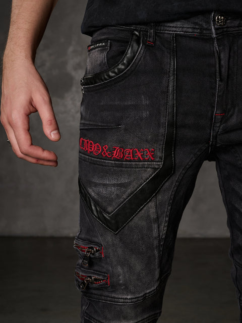 CD795 Biker Style Leather Detailed Men's Jean Trousers