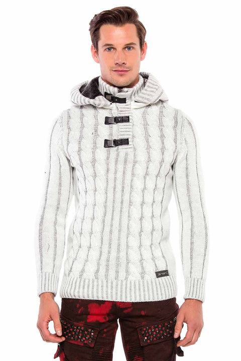 CP214 Plush Hooded Collar Knitted Pattern Thick Sweater
