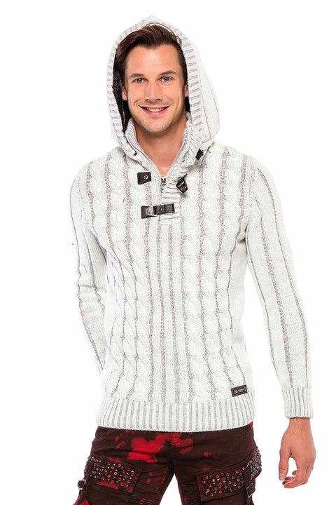 CP214 Plush Hooded Collar Knitted Pattern Thick Sweater