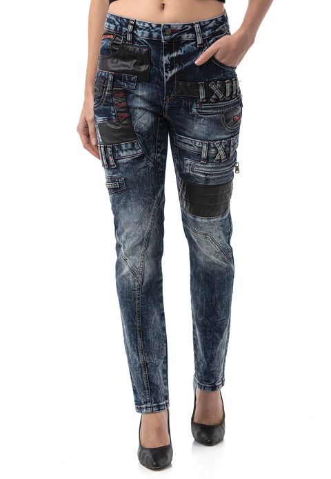 WD545 Women’s Slim Fit Jeans with Biker Details and Statement Appliqués