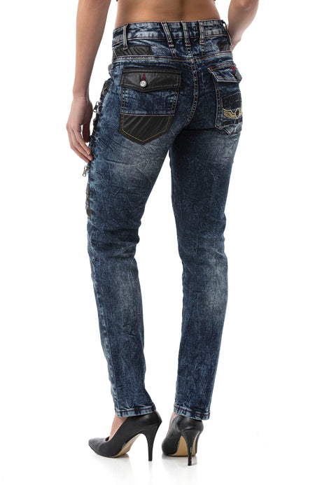 WD545 Women’s Slim Fit Jeans with Biker Details and Statement Appliqués