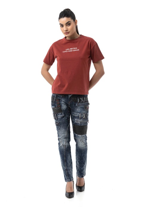 WD545 Women’s Slim Fit Jeans with Biker Details and Statement Appliqués