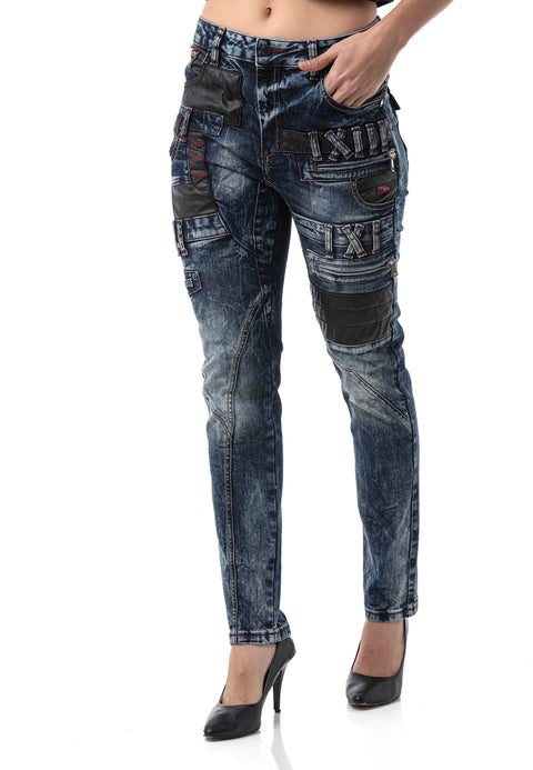 WD545 Women’s Slim Fit Jeans with Biker Details and Statement Appliqués