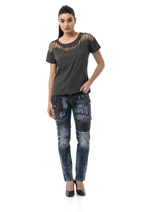 WD545 Women’s Slim Fit Jeans with Biker Details and Statement Appliqués