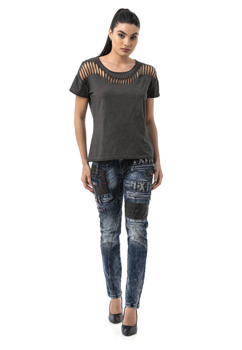 WD545 Women’s Slim Fit Jeans with Biker Details and Statement Appliqués