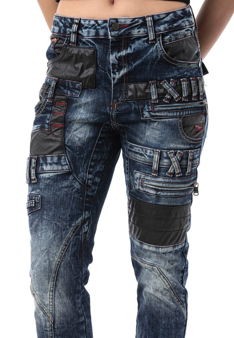 WD545 Women’s Slim Fit Jeans with Biker Details and Statement Appliqués