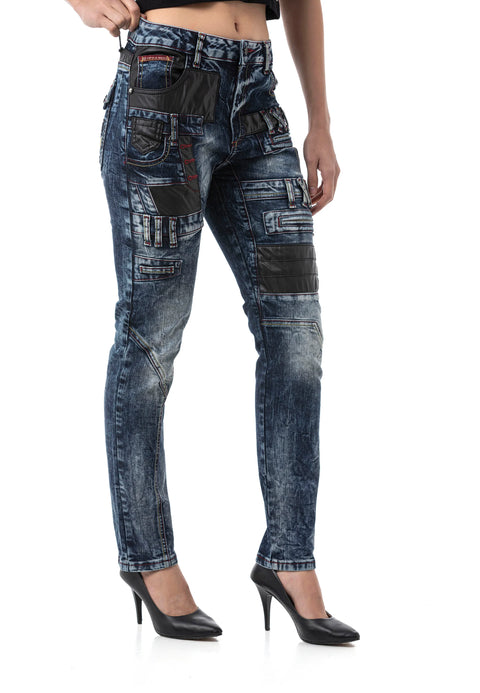 WD545 Women’s Slim Fit Jeans with Biker Details and Statement Appliqués