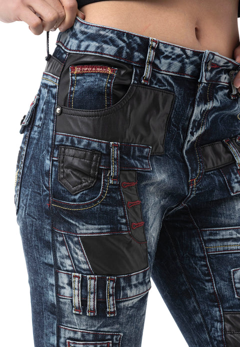 WD545 Women’s Slim Fit Jeans with Biker Details and Statement Appliqués