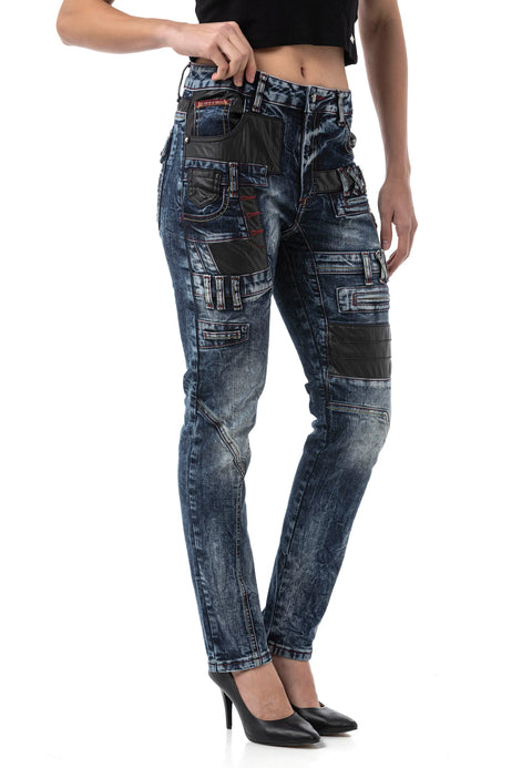 WD545 Women’s Slim Fit Jeans with Biker Details and Statement Appliqués