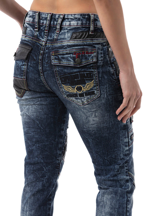 WD545 Women’s Slim Fit Jeans with Biker Details and Statement Appliqués