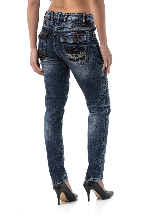 WD545 Women’s Slim Fit Jeans with Biker Details and Statement Appliqués