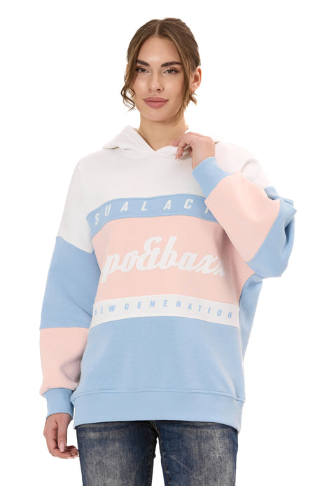 WL376 Women’s Hoodie Sweatshirt – Colorblock Design, “Visual Act” Front Print, Soft Cotton Blend
