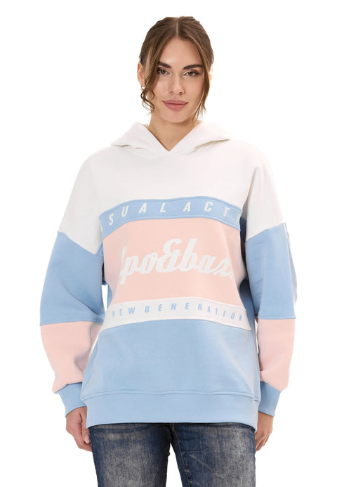 WL376 Women’s Hoodie Sweatshirt – Colorblock Design, “Visual Act” Front Print, Soft Cotton Blend
