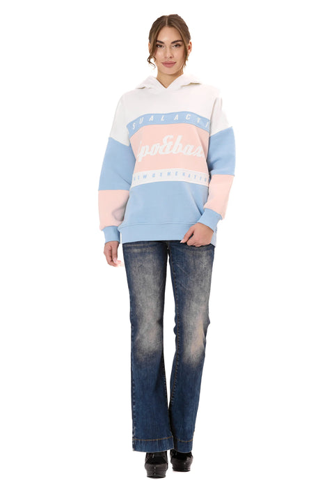 WL376 Women’s Hoodie Sweatshirt – Colorblock Design, “Visual Act” Front Print, Soft Cotton Blend
