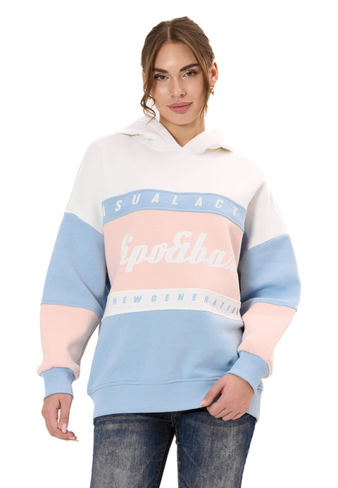 WL376 Women’s Hoodie Sweatshirt – Colorblock Design, “Visual Act” Front Print, Soft Cotton Blend