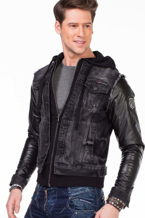 C-1290 Leather Sleeves Hooded Denim Jacket