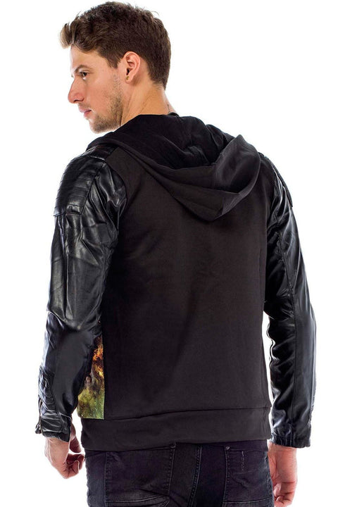 C44610 Leather Sleeve Hooded Men's Jacket