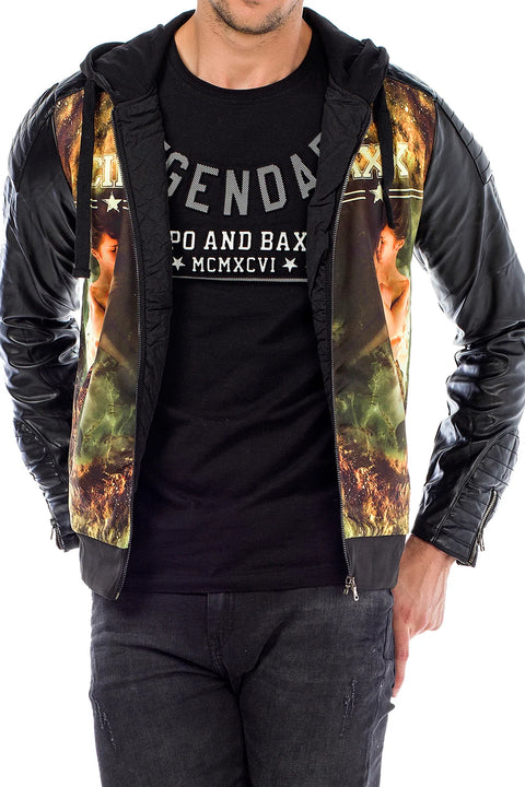 C44610 Leather Sleeve Hooded Men's Jacket