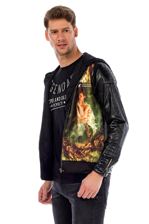 C44610 Leather Sleeve Hooded Men's Jacket