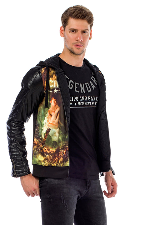 C44610 Leather Sleeve Hooded Men's Jacket